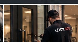 Locksmith technician servicing a commercial entrance