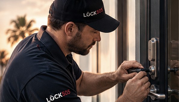 LOCK505 locksmith technician working on a residential door lock